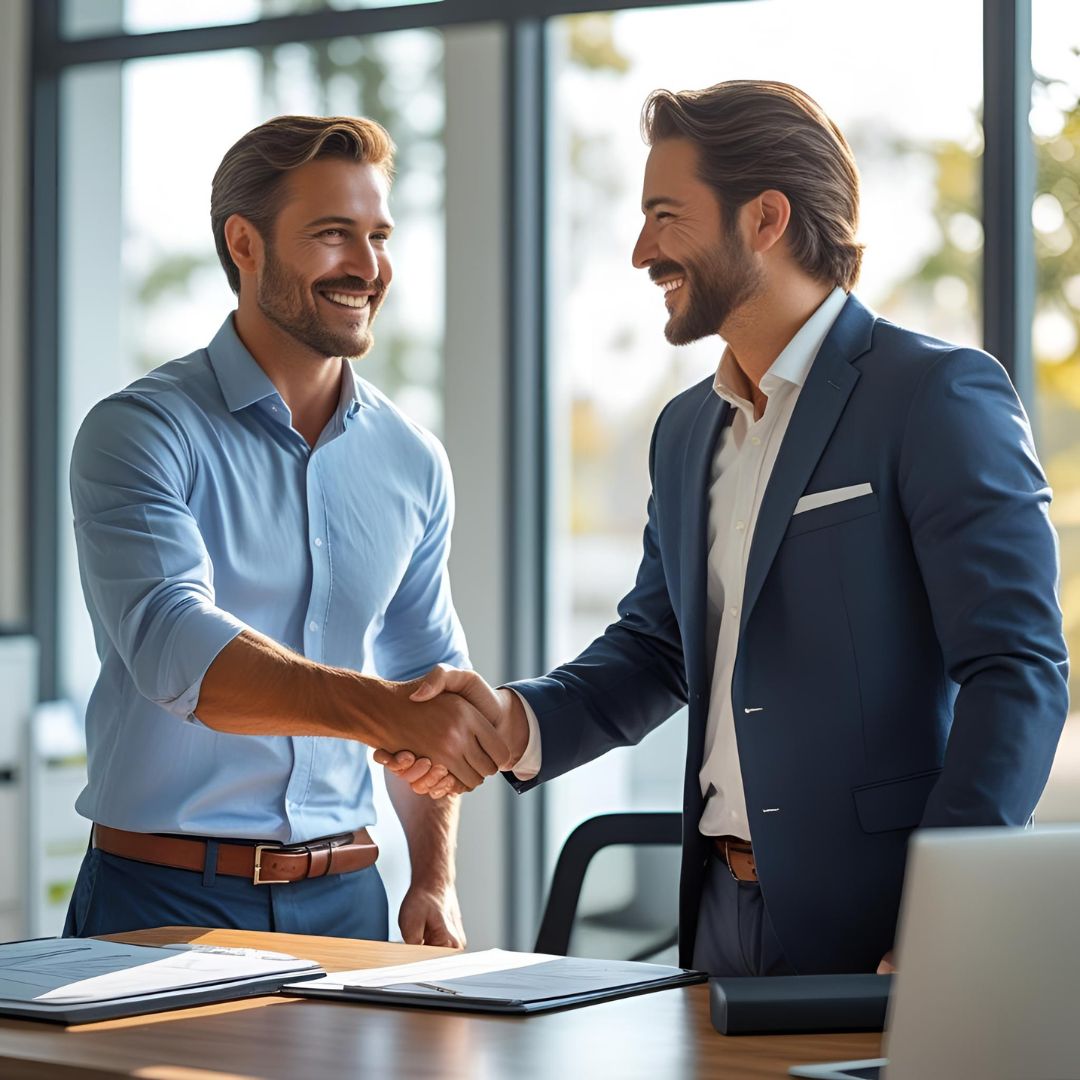 Car accident and handshake at insurance office