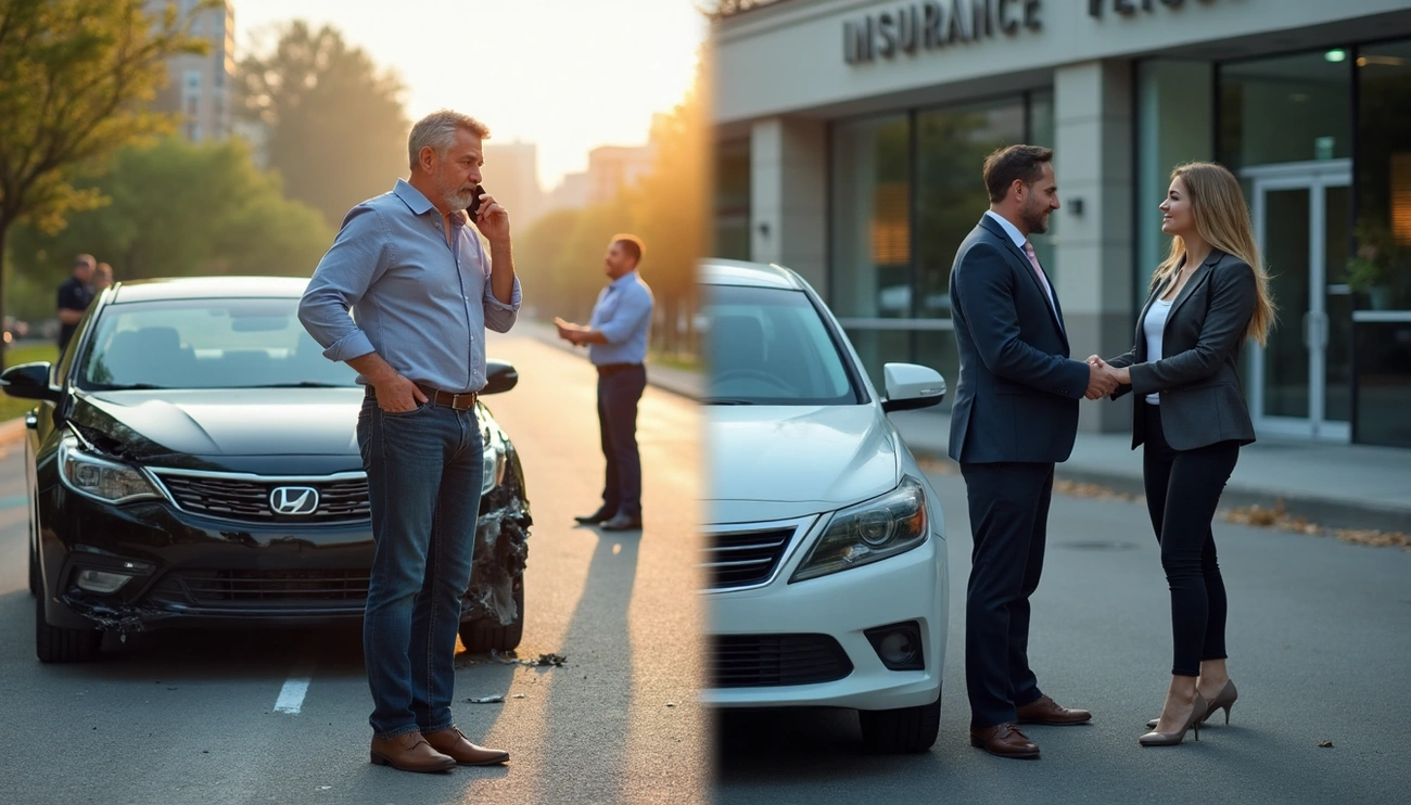 Depiction of a car accident with handshake symbolizing insurance agreement